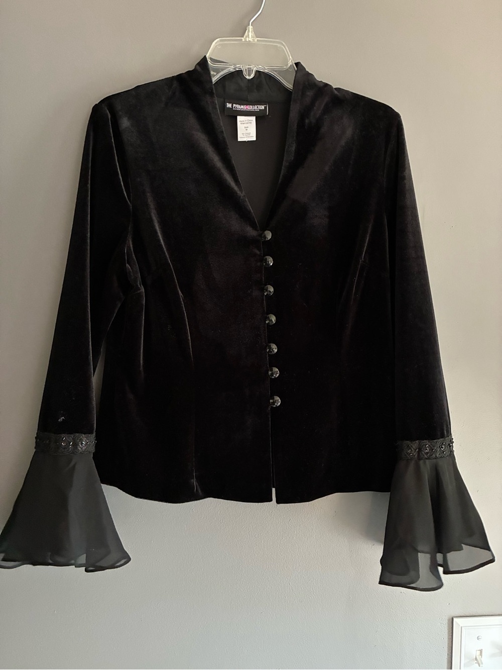 Witchy Whimsigoth Black Velvet Button-Front Top with Sheer Bell Sleeves